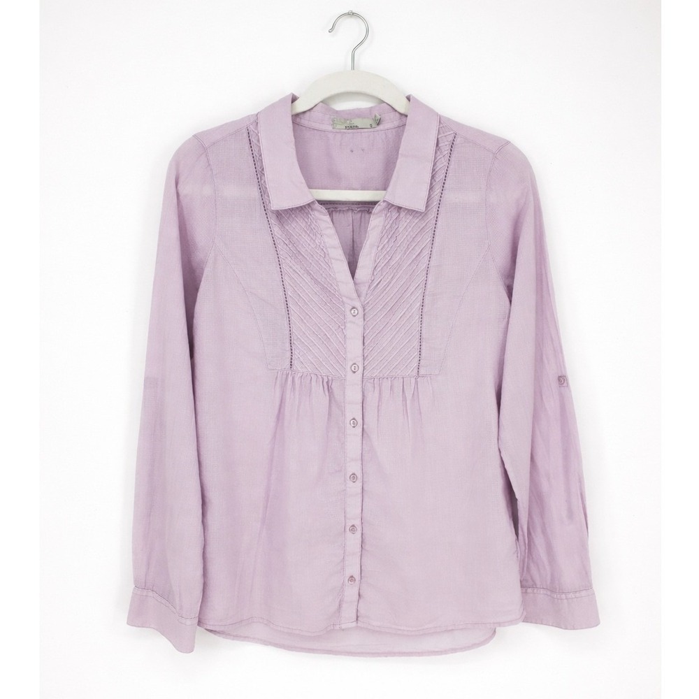 PrAna Button Down Shirt Womens S Light Purple Pintuck Organic Cotton Top Blouse